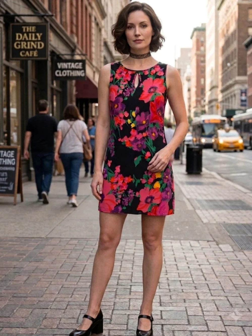 Betsey Johnson Black Mini Dress with Pink & Red Floral Print